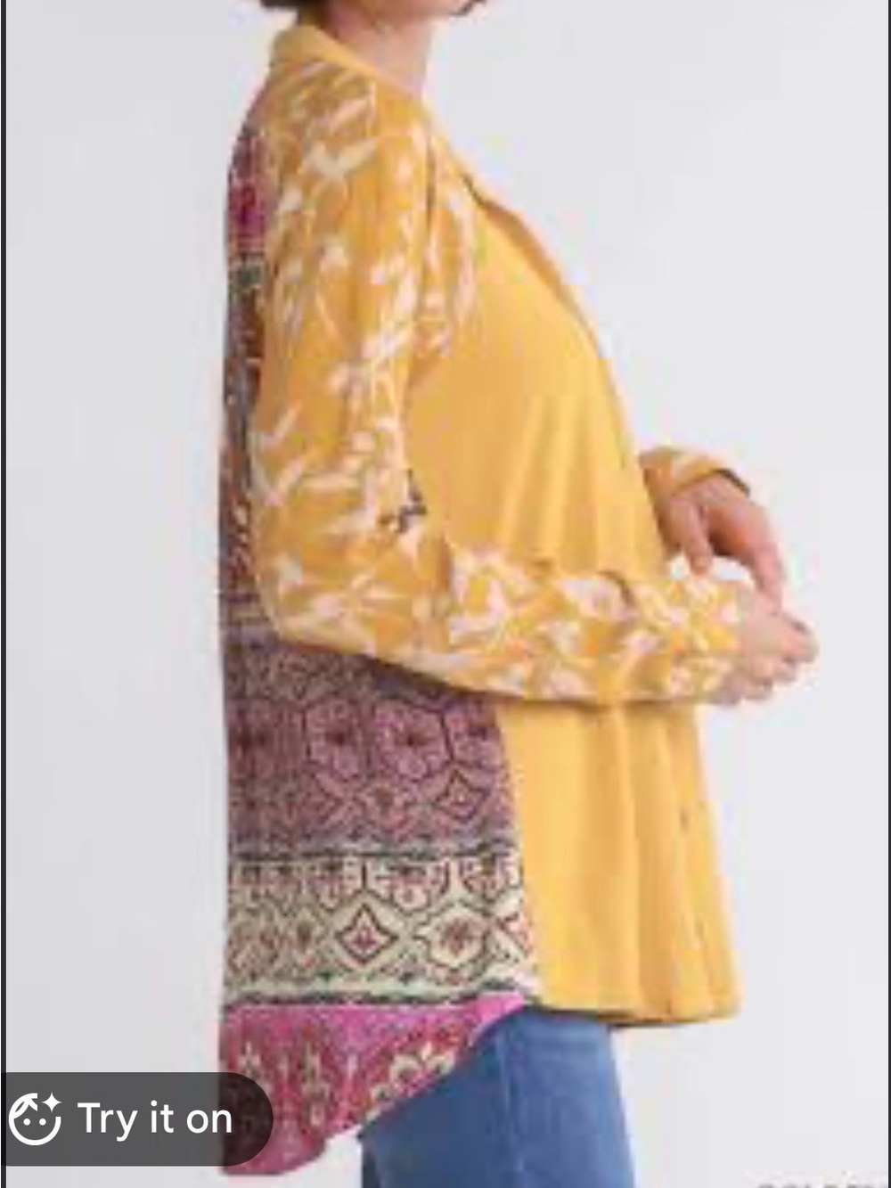 Umgee Button Front Top with Mixed Print Back and Sleeves in Goldenrod size xl